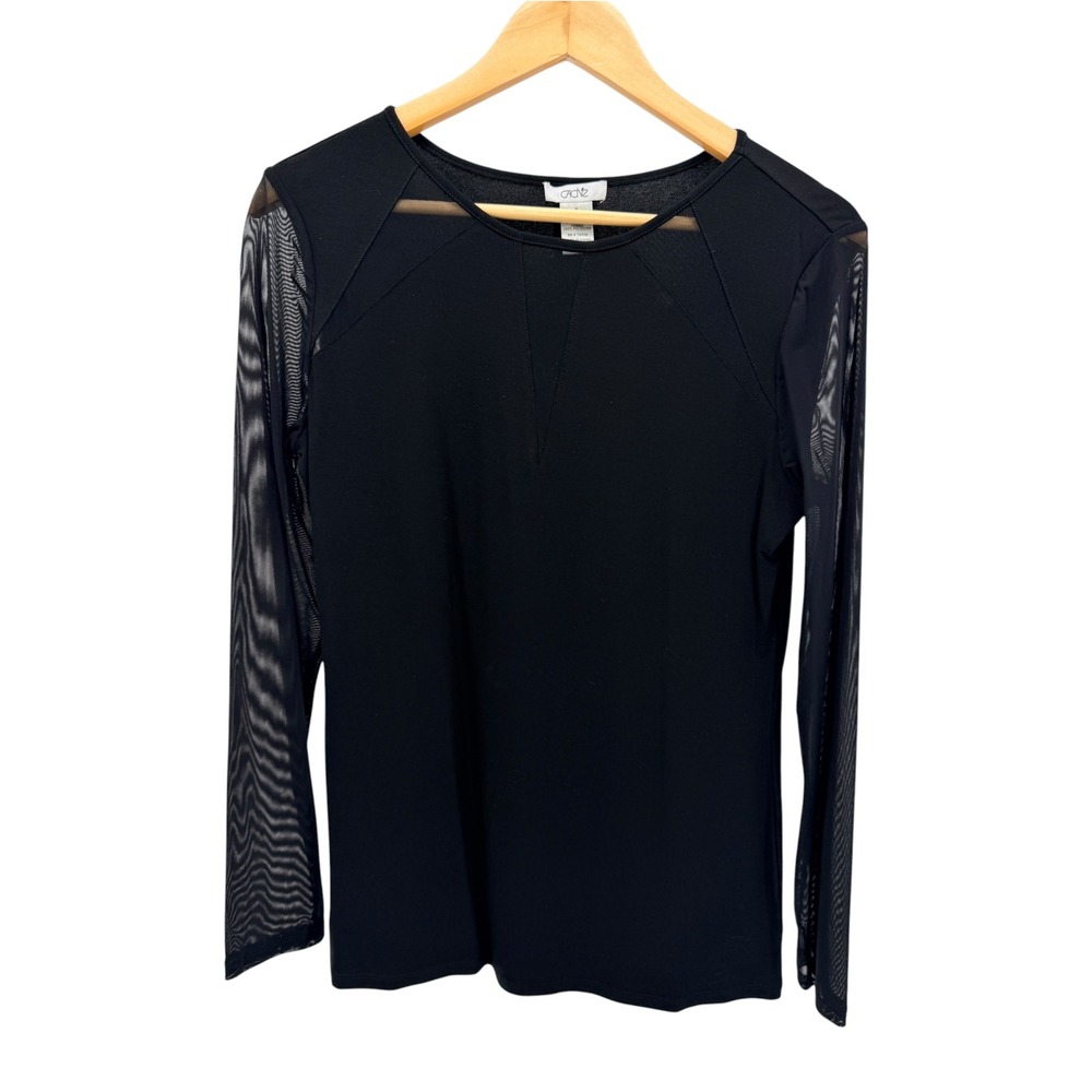 Cache Black Top M Sheer Mesh Long Sleeve Illusion Panel Y2K Vampy Goth Blouse